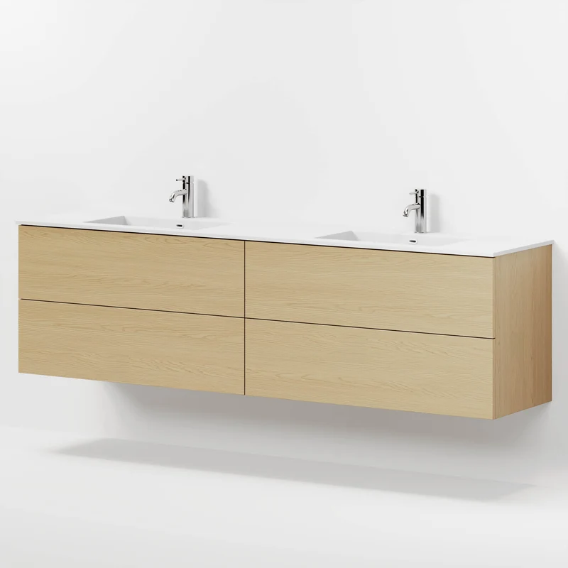 Badrumsmöbler med klassiska Fronter - 200x46x57 cm - ek - solid surface dubbeltvättställ - Viborg
