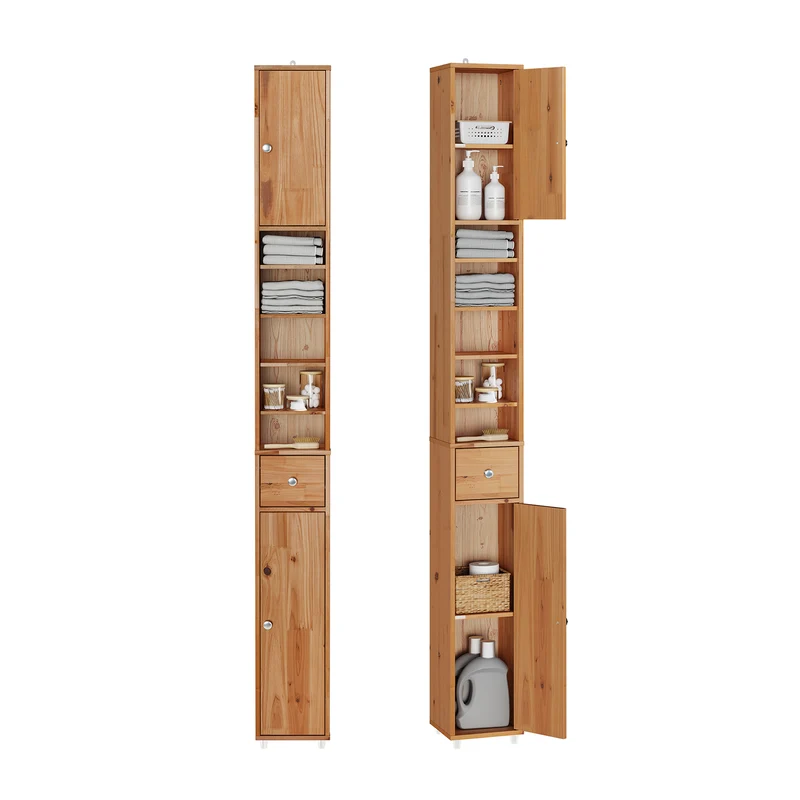 SoBuy BZR34-II-SH Högt Badrumsskåp i Cederträ med Justerbara Hyllor och Låda – 20×20×180 cm | Naturfärg