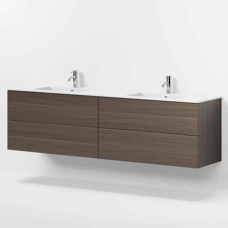 Badrumsmöbel med klassiska fronter - 200x46x57 cm - valnöt - dubbelt tvättställ i solid surface - Viborg