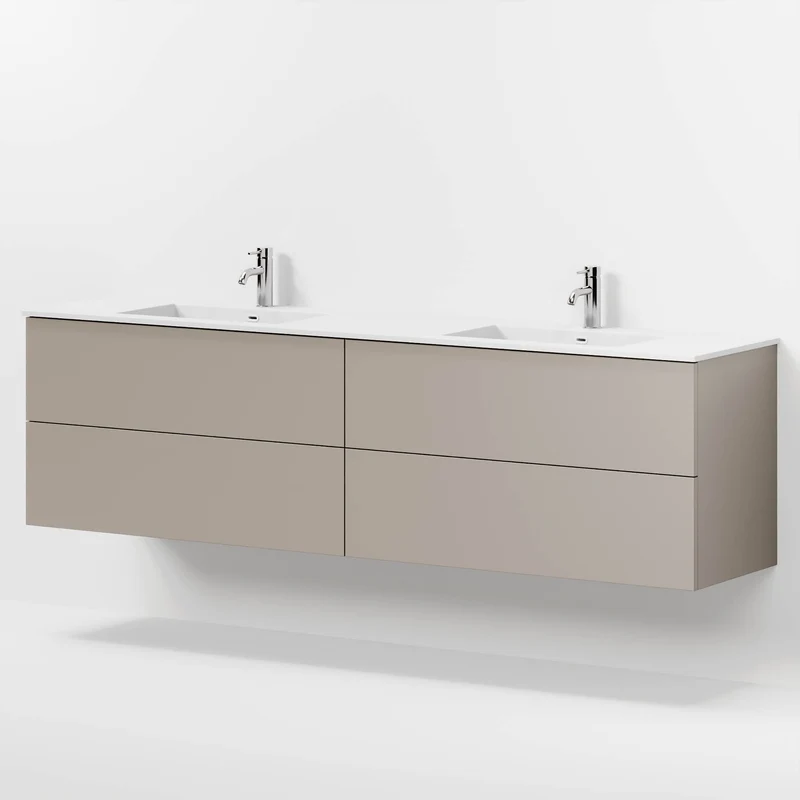 Badrumsmöbel med klassiska fronter - 200x46x57 cm - dämpad sand - dubbelt tvättställ i solid surface - Viborg