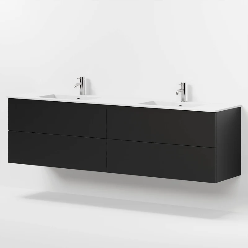 Badrumsmöbel med klassiska fronter - 200x46x57 cm - mattsvart - dubbelt tvättställ i solid surface - Viborg
