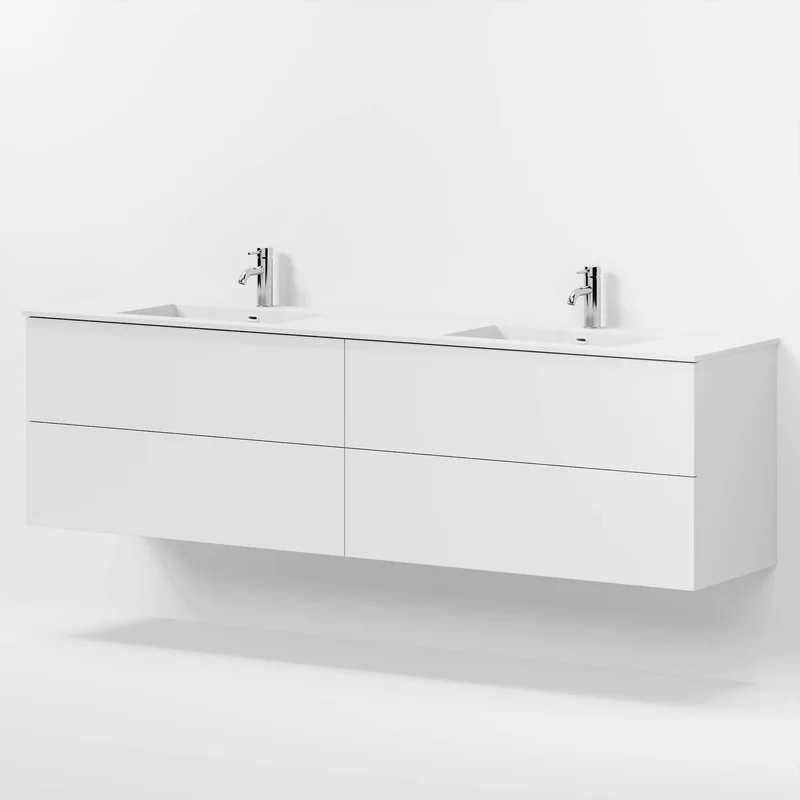 Badrumsmöbel med klassiska fronter - 200x46x57 cm - mattvit - dubbelt tvättställ i solid surface - Viborg