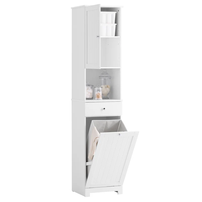 SoBuy BZR216-W Badrumsskåp med Tvättkorg – 40×38×180 cm | Smalt Förvaringsskåp med Låda, Justerbar Hylla & 45L Tvättkorg – Perfekt för Små Badrum & WC