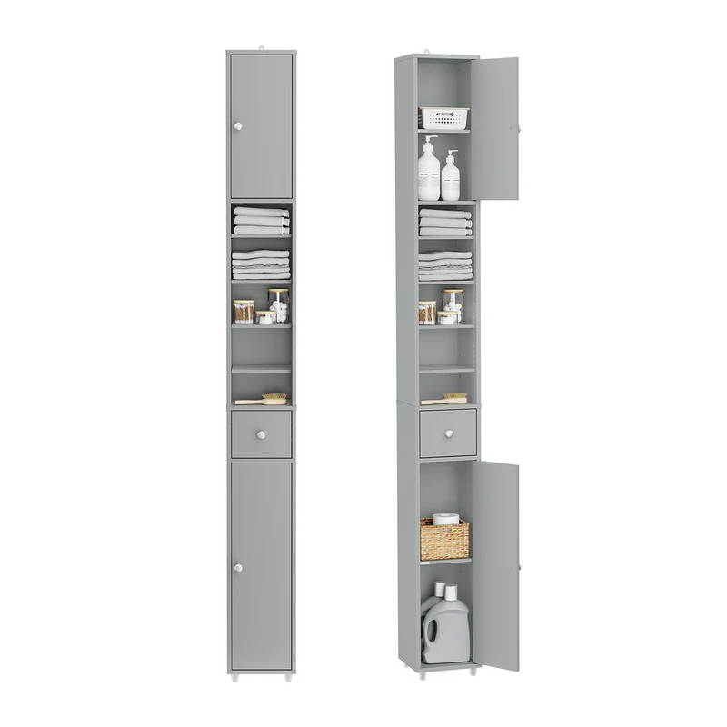 SoBuy BZR34-II-HG Hög Badrumsförvaringsskåp – Fristående Smalt Badrumsskåp, Vattenresistent MDF med Justerbara Hyllor och Låda – Kompakt Badrumsmöbel, Grått, B20 x D20 x H180cm