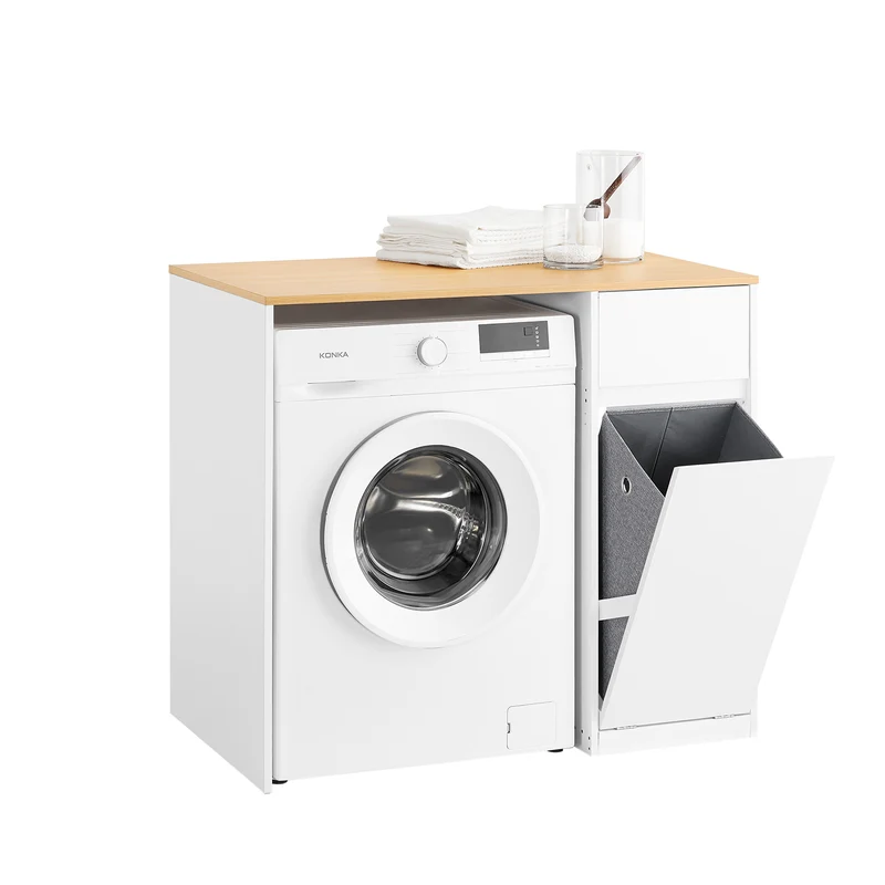 SoBuy BZR217-WN Tvättmaskinsmöbel – Badrumsskåp med tvättkorg och låda, för tvättmaskin och torktumlare, trämöbel i vitt, 100 x 60 x 90 cm