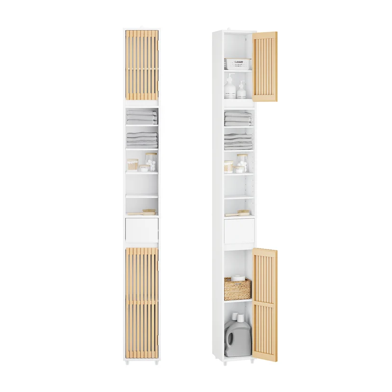 SoBuy BZR34-BW Badrumsskåp smalt, badrumsskåp högt med 6 höjdjusterbara hyllor, badrumsmöbler nischhylla för små badrum av trä, vattenavvisande, vitt, 20 x 20 x 180 cm