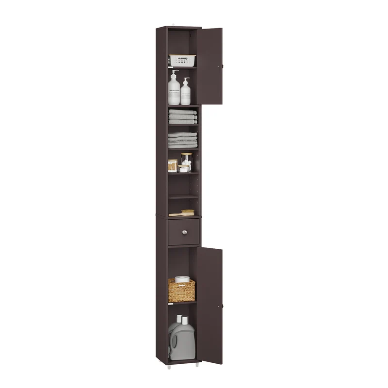 SoBuy BZR34-II-BR Smal Badrumspelare – 180 cm Hög Förvaringsskåp med 1 Låda, 2 Dörrar & 5 Öppna Hyllor, Justerbara Hyllplan, Brun, 20×20 cm