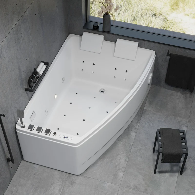 Asymmetriskt bubbelbadkar – luft- och hydromassage – 160x120x65 cm – högerutförande – med värme – vitt – Vejlefjord