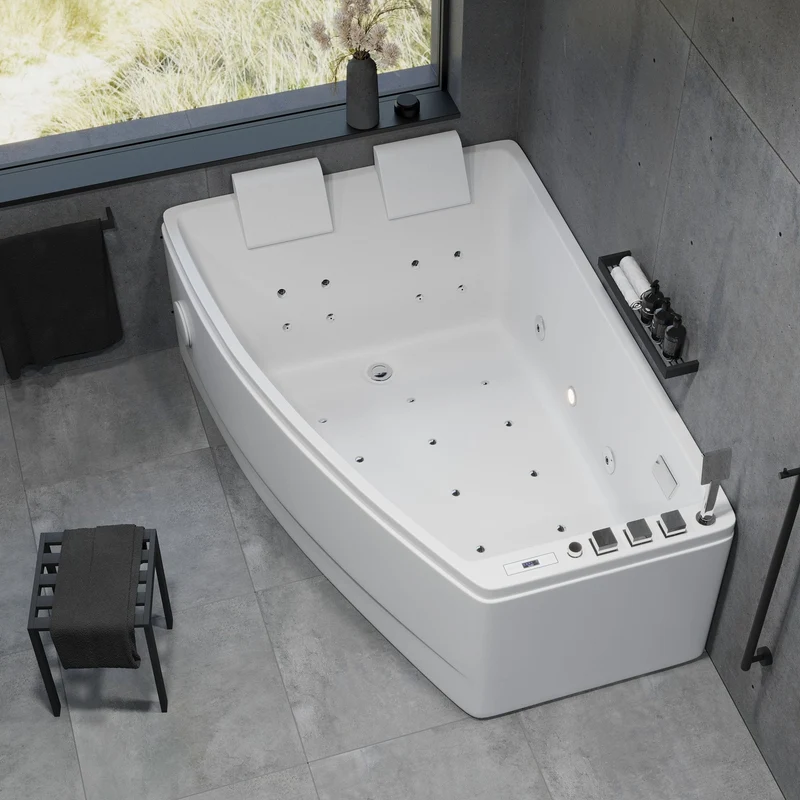 Asymmetriskt massagebadkar - luft- och hydromassage - 160x120x65 cm - vänstervänt - med uppvärmning - vitt - Vejlefjord