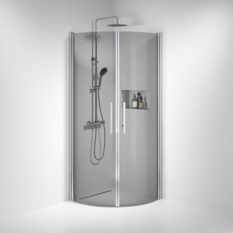 Duschkabin halvrund 80x80x198 cm - 6 mm rökfärgat nanoglas - Krom profil - Vänern