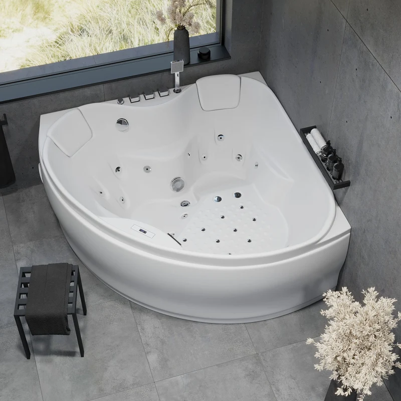 Hörnbubbelbadkar – luft- och hydromassage – 150x150x65 cm – med uppvärmning – vit – Ulstrup