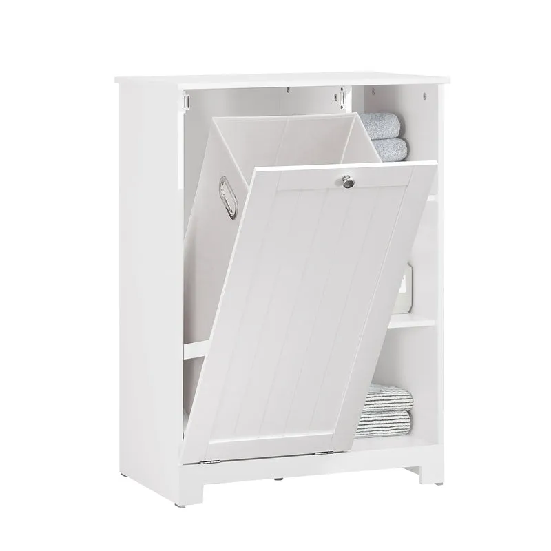 SoBuy BZR105-W Badrumsskåp med Tvättkorg – Badrumsmöbel med Lockkorg och 3 Hyllor, För Smutsig Tvätt, Trä, Vit, 60x37x86 cm