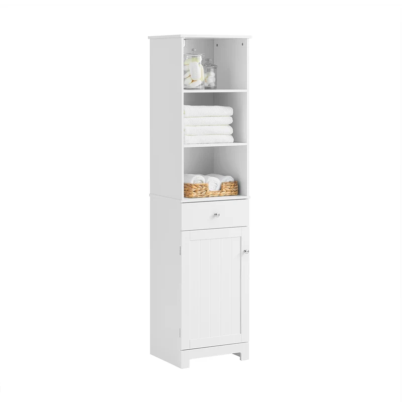 SoBuy BZR17-W Badrumsförvaringsskåp Högt, smalt, fristående badrumsskåp med dörr och 3 öppna hyllor, smalt skåp med 1 låda för toalett, sovrum, hall 40x161x35 cm