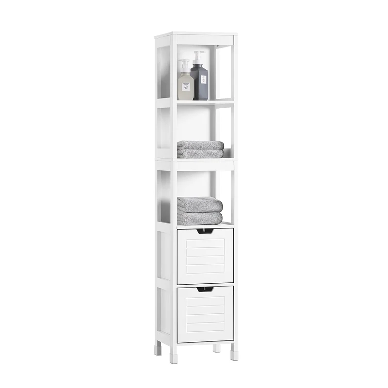 SoBuy FRG126-W Badrumssäck med 4 hyllor och 2 lådor, Högskåp 30x30x144 cm, Vit