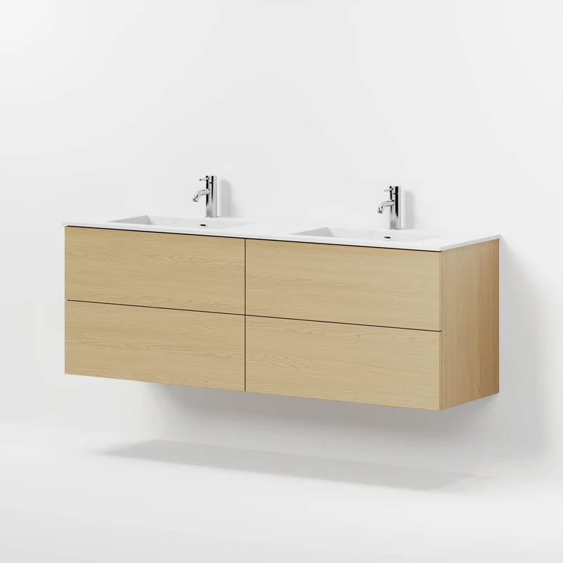 Badrumsmöbel med klassiska fronter - 160x46x57 cm - ek - dubbelt tvättställ i solid surface - Viborg