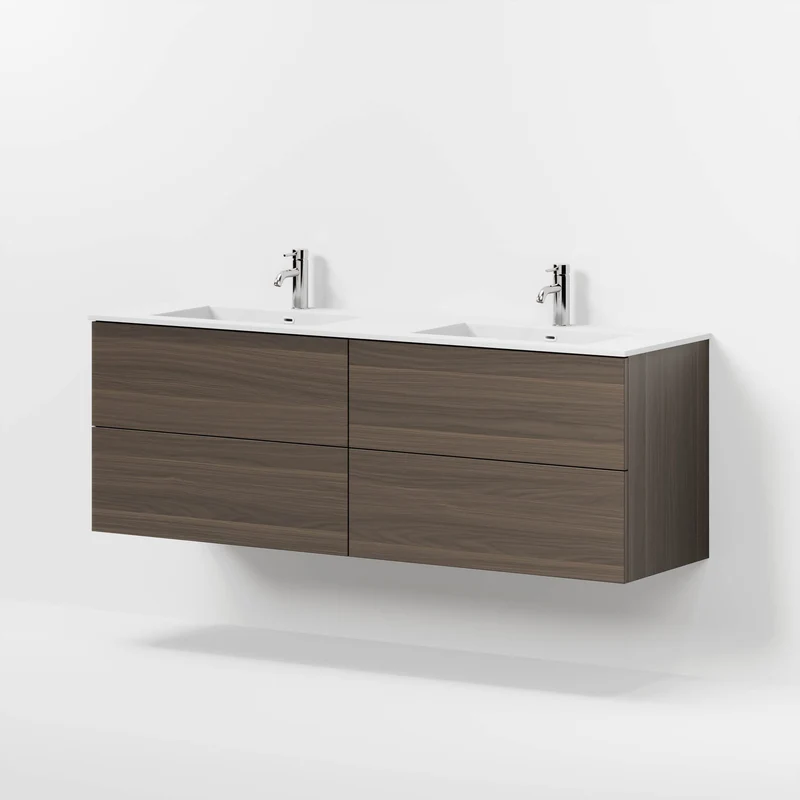 Badrumsmöbel med klassiska fronter - 160x46x57 cm - valnöt - dubbelt tvättställ i solid surface - Viborg
