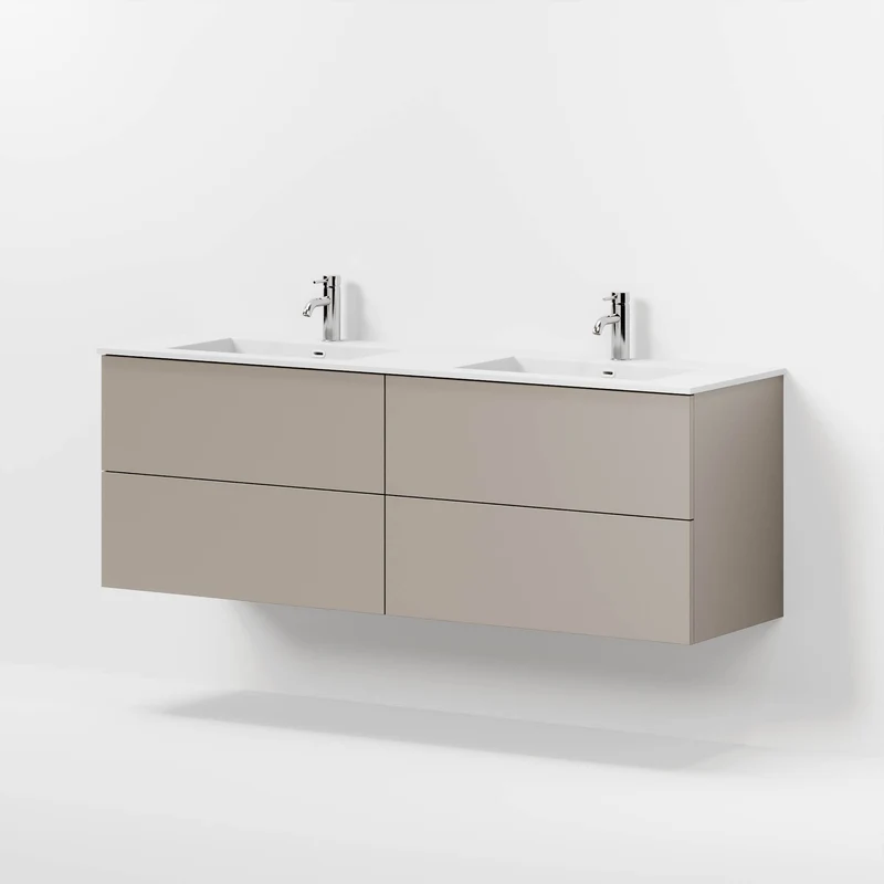 Badrumsmöbel med klassiska fronter - 160x46x57 cm - dämpad sand - dubbelt tvättställ i solid surface - Viborg