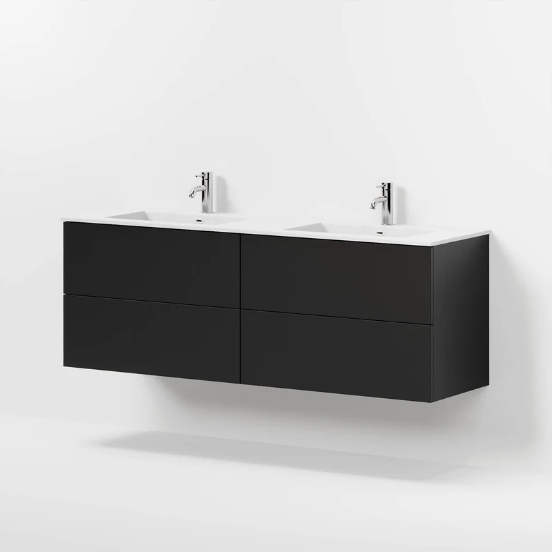 Badrumsmöbel med klassiska fronter - 160x46x57 cm - mattvit - dubbelt tvättställ i solid surface - Viborg