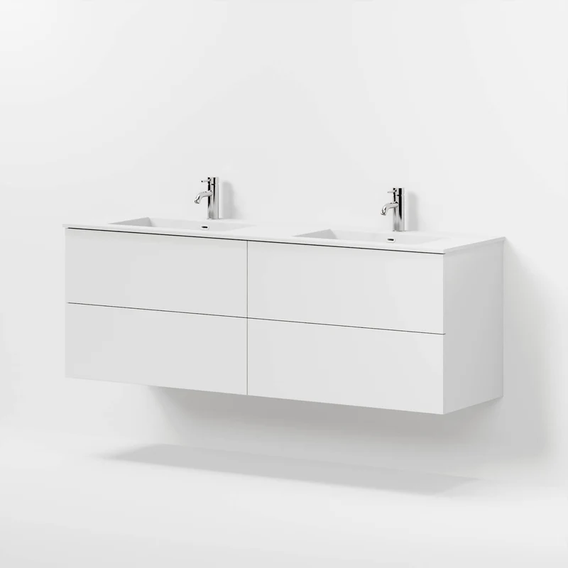 Badrumsmöbel med klassiska fronter - 160x46x57 cm - mattvit - dubbelt tvättställ i solid surface - Viborg