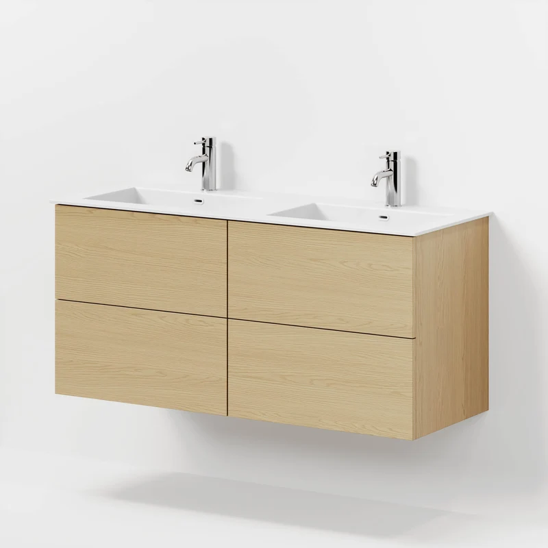 Badrumsmöbel med klassiska fronter - 120x46x57 cm - ek - dubbelt tvättställ i solid surface - Viborg