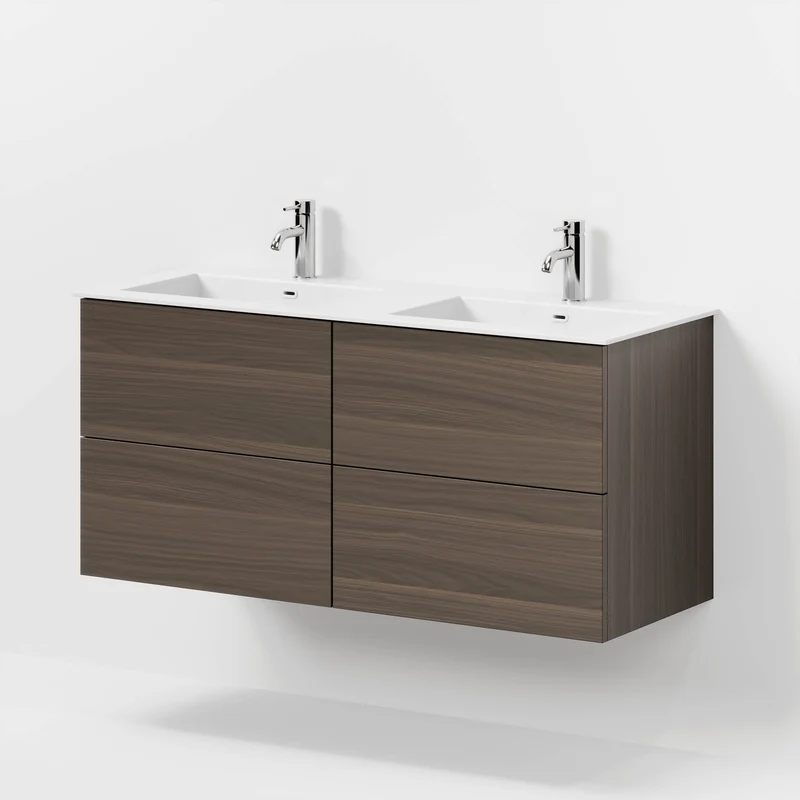 Badrumsmöbel med klassiska fronter - 120x46x57 cm - valnöt - dubbelt tvättställ i solid surface - Viborg