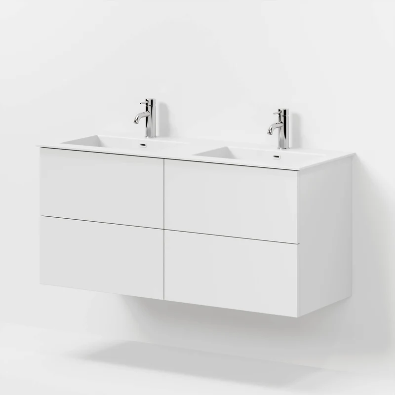 Badrumsmöbel med klassiska fronter - 120x46x57 cm - mattvit - dubbelt tvättställ i solid surface - Viborg