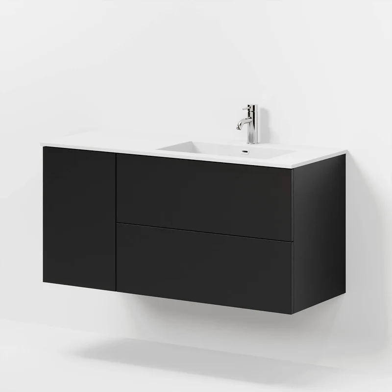 Badrumsmöbel med klassiska fronter - 115x46x57 cm - mattsvart - högervänd tvättställ i solid surface - Viborg