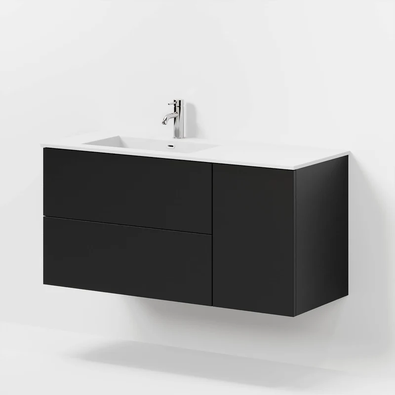 Badrumsmöbel med klassiska fronter - 115x46x57 cm - mattsvart - högervänd tvättställ i solid surface - Viborg