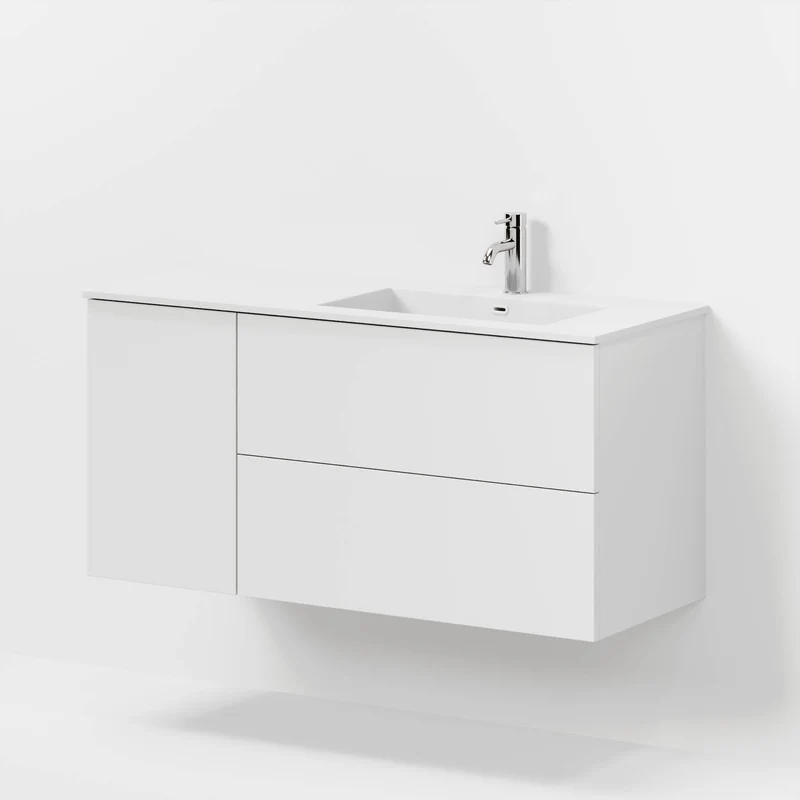 Badrumsmöbel med klassiska fronter - 115x46x57 cm - mattvit - högervänd tvättställ i solid surface - Viborg