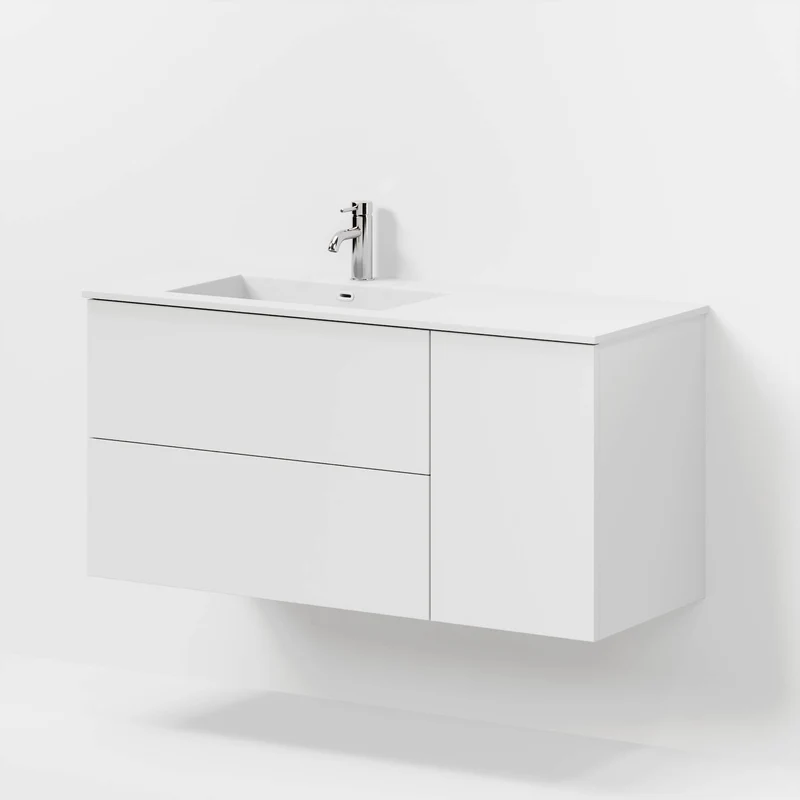 Badrumsmöbel med klassiska fronter - 115x46x57 cm - mattvit - vänstervänd tvättställ i solid surface - Viborg