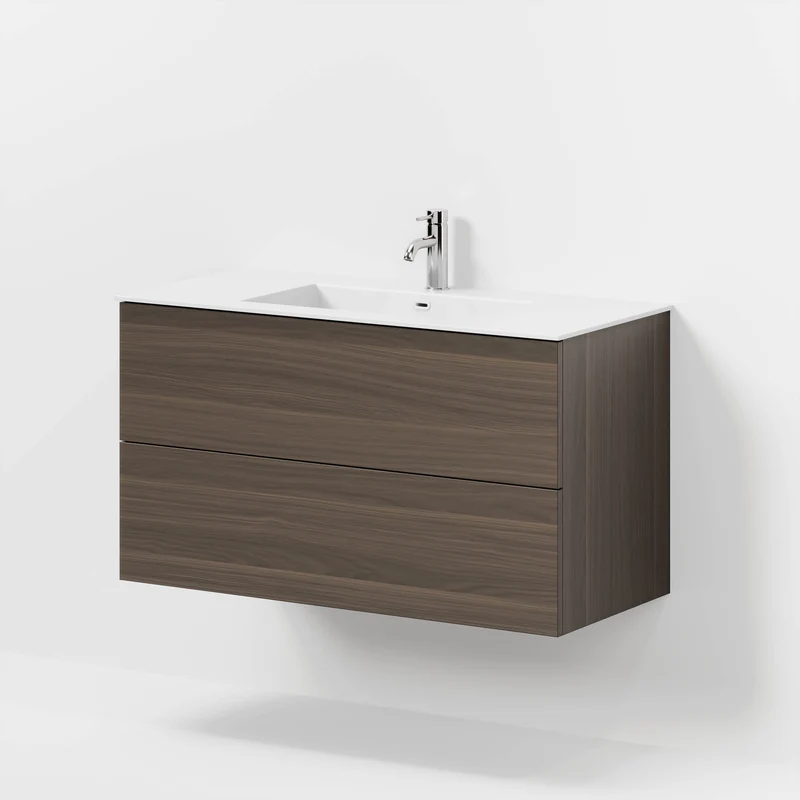Badrumsmöbel med klassiska fronter - 100x46x57 cm - valnöt - tvättställ i solid surface - Viborg