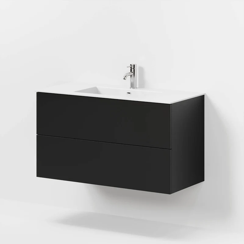 Badrumsmöbel med klassiska fronter - 100x46x57 cm - mattsvart - tvättställ i solid surface - Viborg