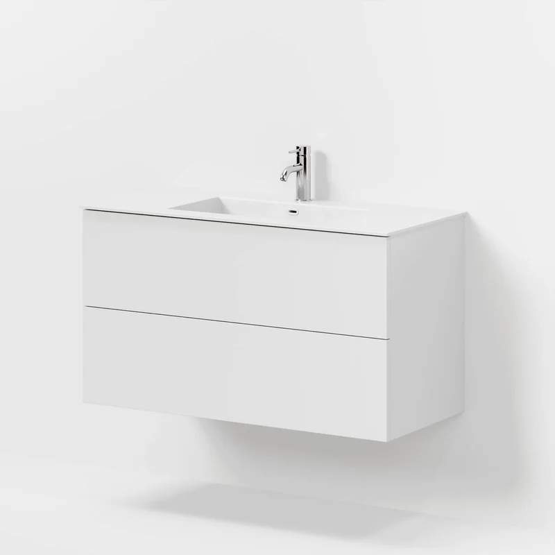 Badrumsmöbel med klassiska fronter - 100x46x57 cm - mattvit - tvättställ i solid surface - Viborg