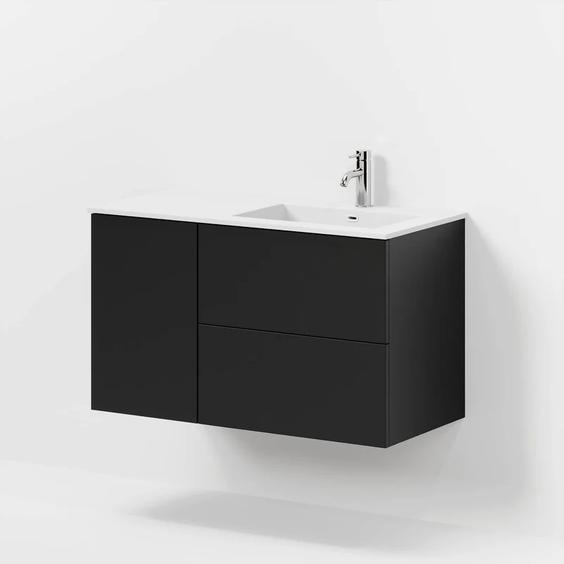 Badrumsmöbel med klassiska fronter - 95x46x57 cm - mattsvart - högervänd tvättställ i solid surface - Viborg