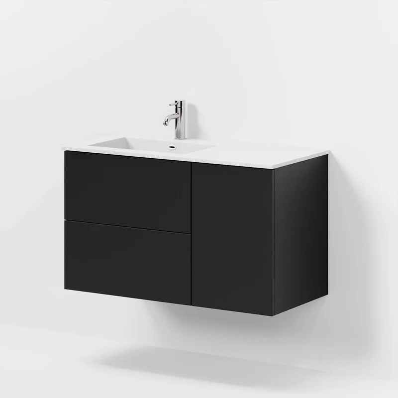 Badrumsmöbel med klassiska fronter - 95x46x57 cm - mattsvart - vänstervänd tvättställ i solid surface - Viborg