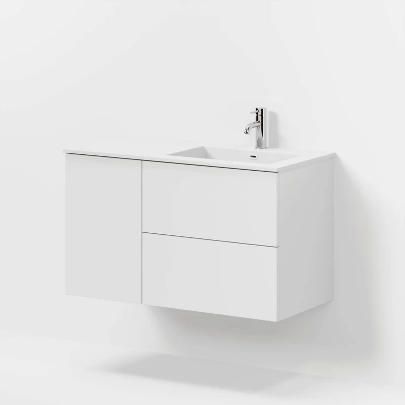 Badrumsmöbel med klassiska fronter - 95x46x57 cm - mattvit - högervänd tvättställ i solid surface - Viborg