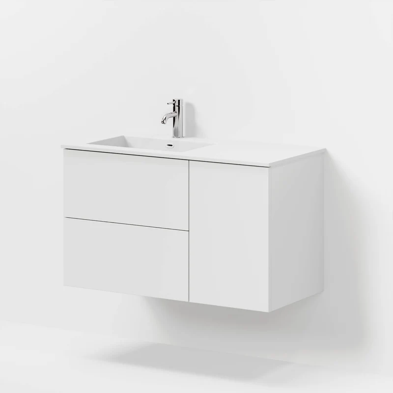 Badrumsmöbel med klassiska fronter - 95x46x57 cm - mattvit - vänstervänd tvättställ i solid surface - Viborg