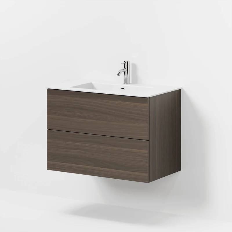 Badrumsmöbel med klassiska fronter - 80x46x57 cm - valnöt - tvättställ i solid surface - Viborg