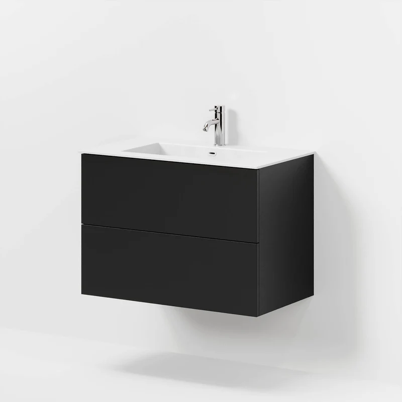Badrumsmöbel med klassiska fronter - 80x46x57 cm - mattsvart - tvättställ i solid surface - Viborg