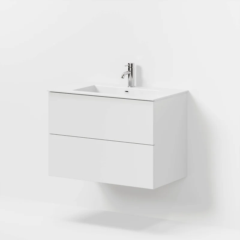 Badrumsmöbel med klassiska fronter - 80x46x57 cm - mattvit - tvättställ i solid surface - Viborg