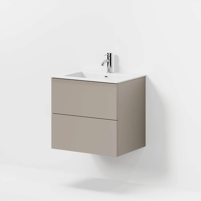 Badrumsmöbel med klassiska fronter - 60x46x57 cm - dämpad sand - tvättställ i solid surface - Viborg