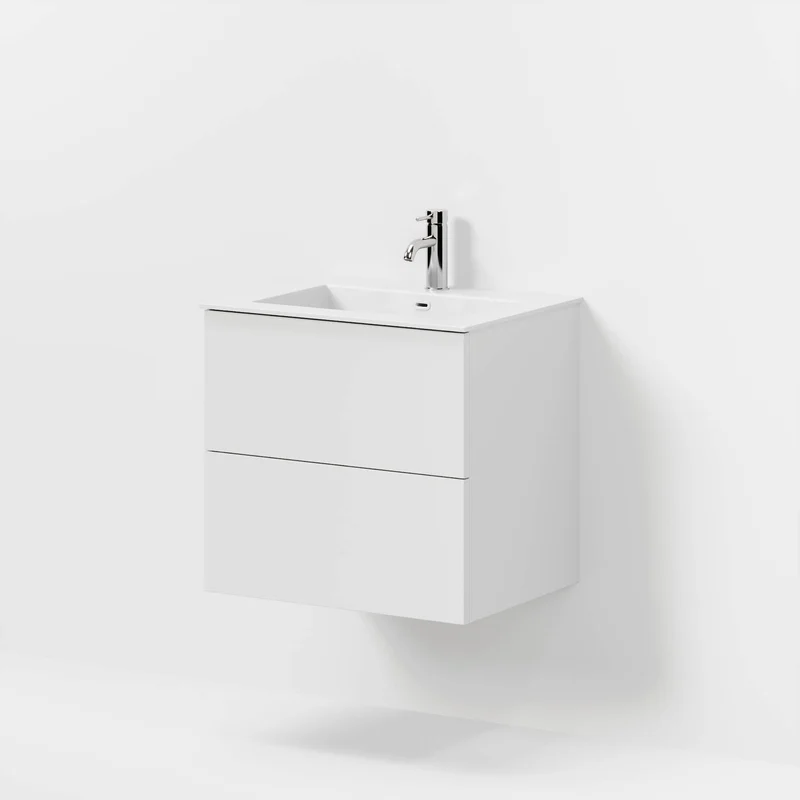Badrumsmöbel med klassiska fronter - 60x46x57 cm - mattvit - tvättställ i solid surface - Viborg