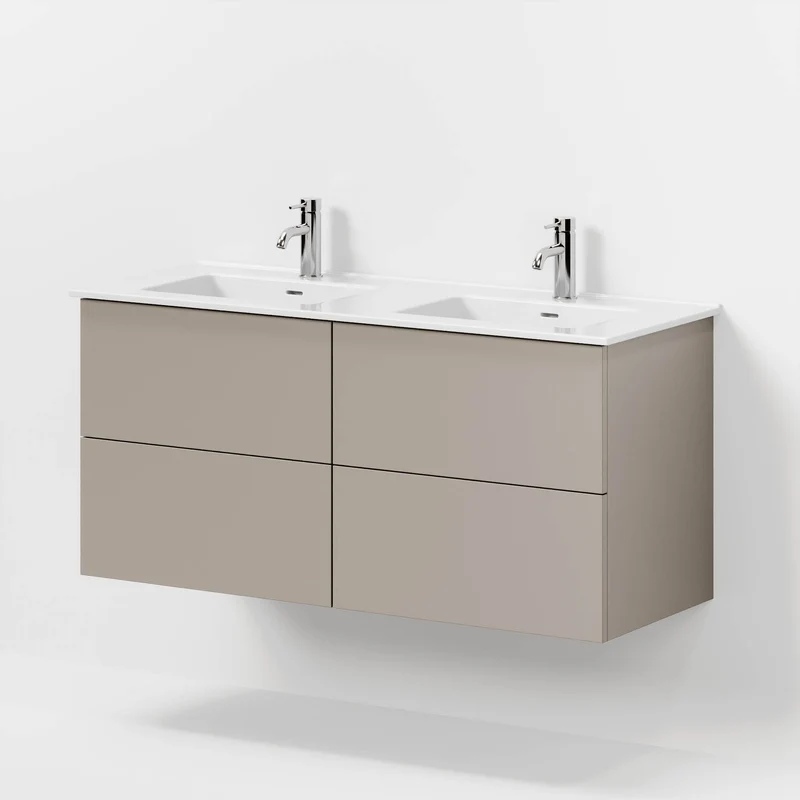 Badrumsmöbel med klassiska fronter - 120x46x57 cm - dämpad sand - dubbelt vitt porslinstvättställ - Vestbjerg