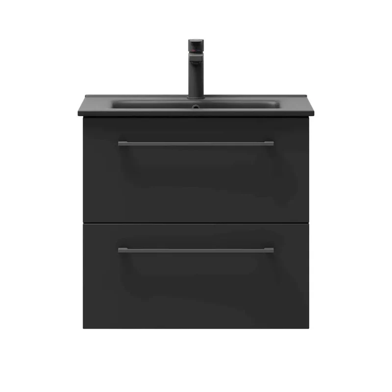 Badrumsmöbel med klassiska fronter - 60x46x57 cm - mattsvart - svart porslinstvättställ - svart handtag - Vollen