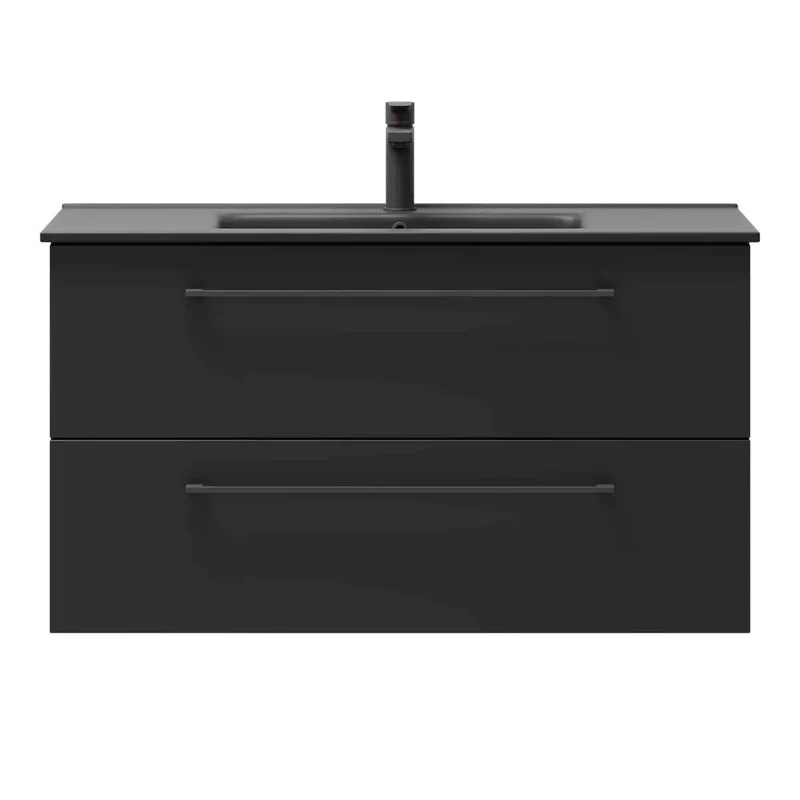 Badrumsmöbel med klassiska fronter - 100x46x57 cm - mattsvart - svart porslinstvättställ - svart handtag - Vollen