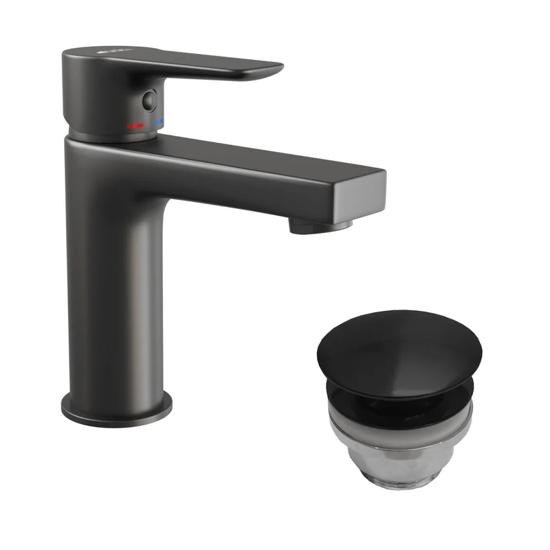 Fyrkantig tvättställsblandare 15,9 cm - med bottenventil (set) - matt svart - Næsby
