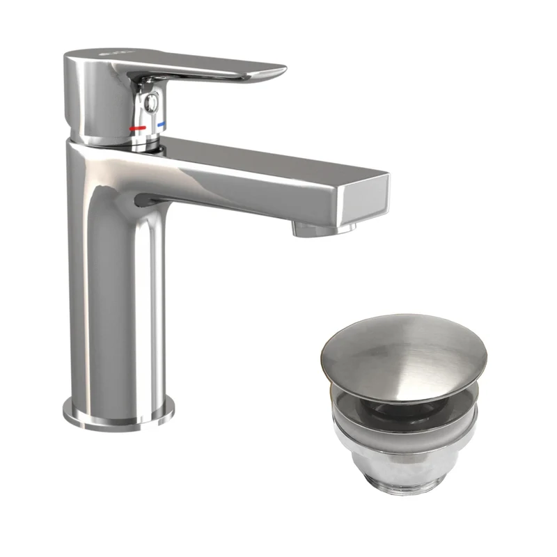 Fyrkantig tvättställsblandare 15,9 cm - med bottenventil (set) - Krom - Næsby
