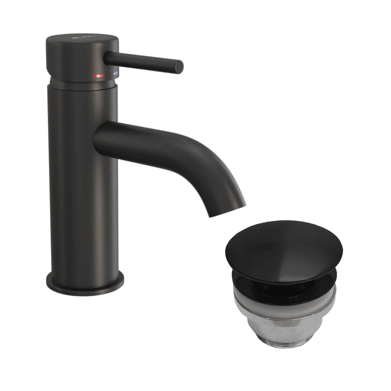 Rund tvättställsblandare 15,7 cm – med bottenventil (set) – matt svart – Dragør