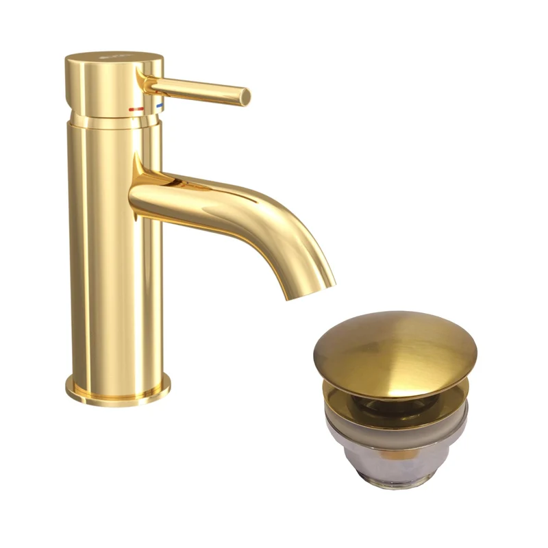 Rund tvättställsblandare 15,7 cm - med bottenventil (set) - blank mässing - Dragør
