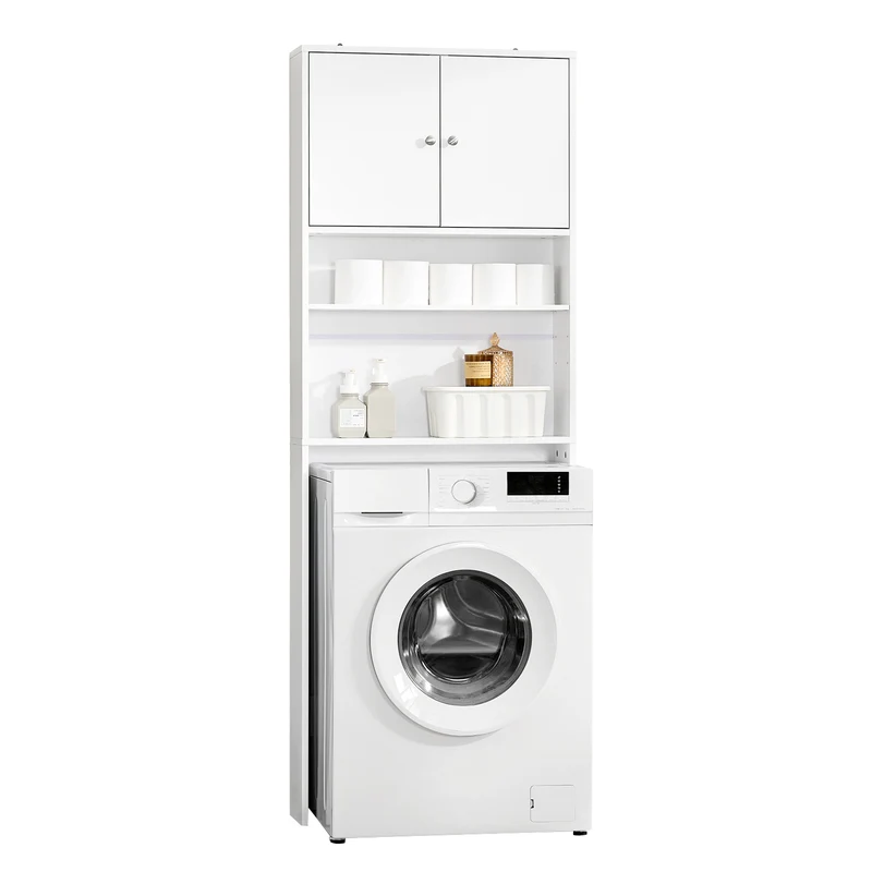 SoBuy BZR165-W Högskåp för Badrum - Förvaringsskåp för Toalett och Tvättmaskin med Justerbara Hyllor, 3 Nivåer, Vit, 65x182x20cm